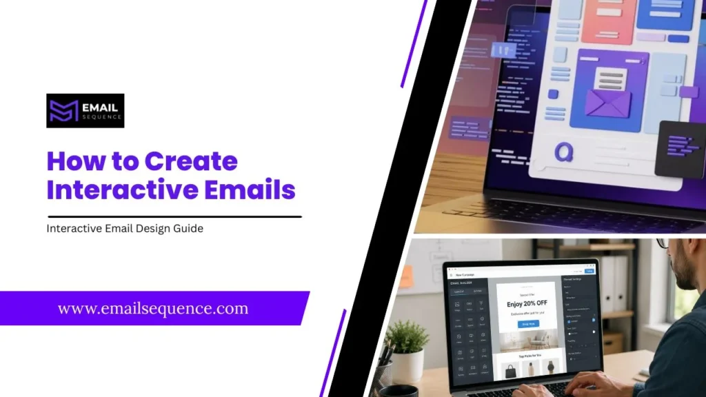 A presentation slide titled "How to Create Interactive Emails" with the subtitle "Interactive Email Design Guide" and the Email Sequence logo on the left. A purple banner across the bottom left shows the website "www.emailsequence.com". The right side is divided diagonally into two images: the top image displays a close-up 3D render of an email layout interface with a 3D letter icon on a laptop screen, and the bottom image shows a man using a laptop to customize a promotional email campaign that reads "Enjoy 20% OFF".
