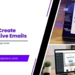 A presentation slide titled "How to Create Interactive Emails" with the subtitle "Interactive Email Design Guide" and the Email Sequence logo on the left. A purple banner across the bottom left shows the website "www.emailsequence.com". The right side is divided diagonally into two images: the top image displays a close-up 3D render of an email layout interface with a 3D letter icon on a laptop screen, and the bottom image shows a man using a laptop to customize a promotional email campaign that reads "Enjoy 20% OFF".