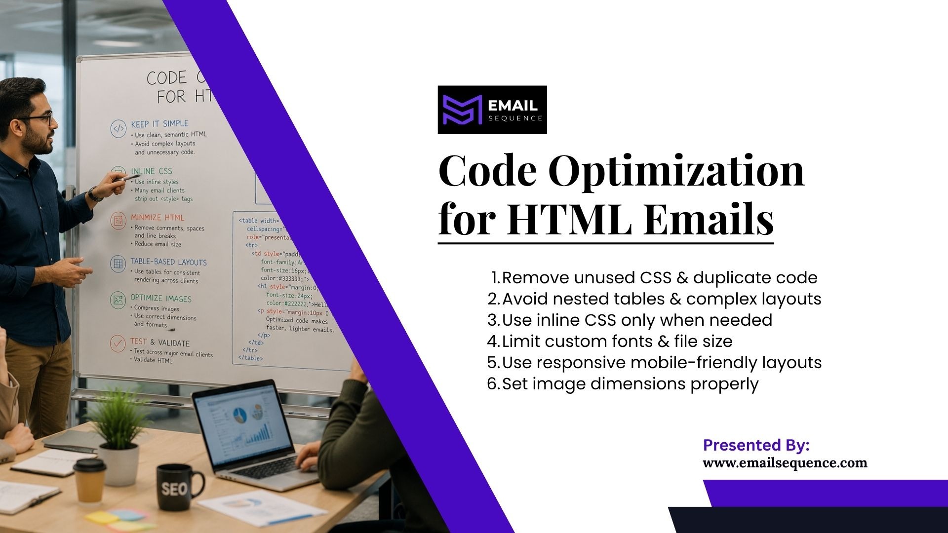 Person pointing at a whiteboard with coding notes next to a presentation slide on HTML email code optimization tips.
