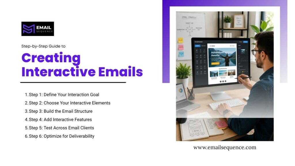 An presentation slide titled "Step-by-Step Guide to Creating Interactive Emails" featuring the Email Sequence logo. The left side lists six steps: 1. Step 1: Define Your Interaction Goal, 2. Step 2: Choose Your Interactive Elements, 3. Step 3: Build the Email Structure, 4. Step 4: Add Interactive Features, 5. Step 5: Test Across Email Clients, and 6. Step 6: Optimize for Deliverability. The right side features a framed photograph of a man at his desk designing a travel email layout on a large desktop monitor using an email builder interface. The website URL "www.emailsequence.com" is printed at the bottom right.
